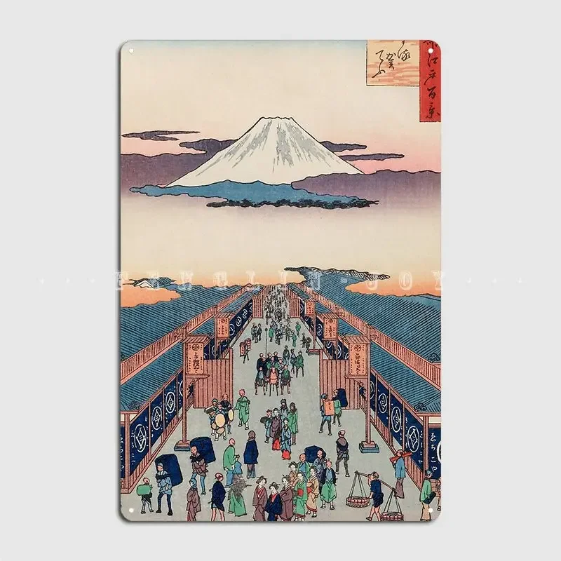 Mount Fuji Above Ancient Street Ukiyo-E Japanese Art Metal Sign Garage Club Decoration Wall Decor Tin Sign Posters