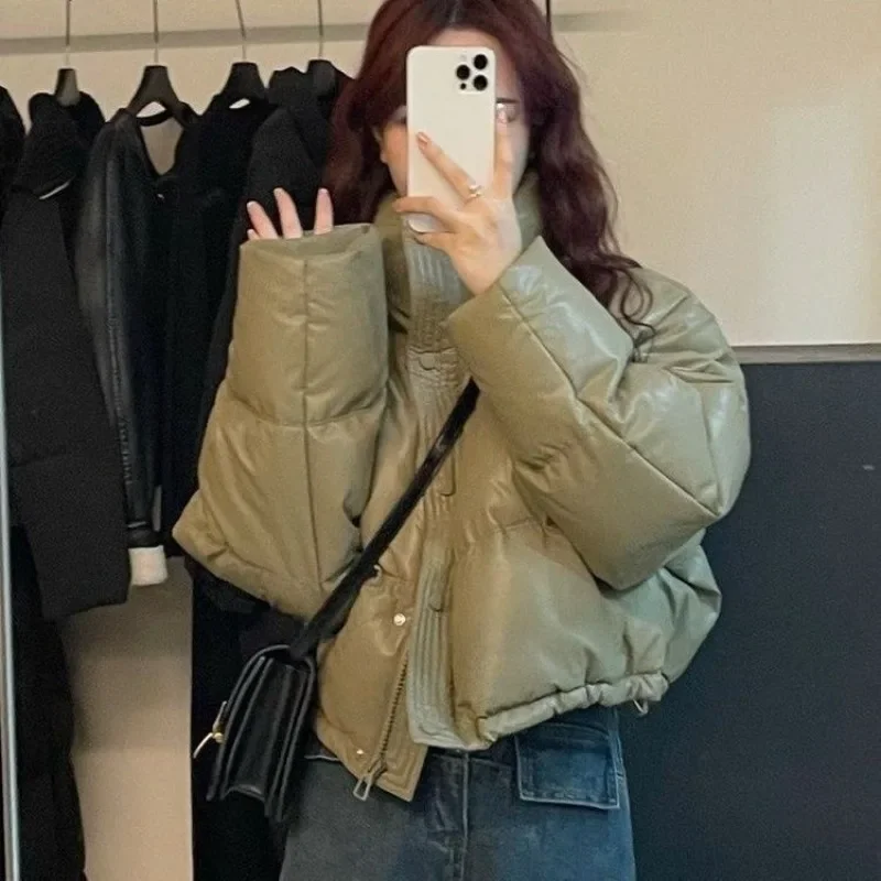 Women Short Parkas New Casual Stand Collar Zipper Outwear Coats Female Glossy Leave-in PU Leather Down Cotton-padded Clothing