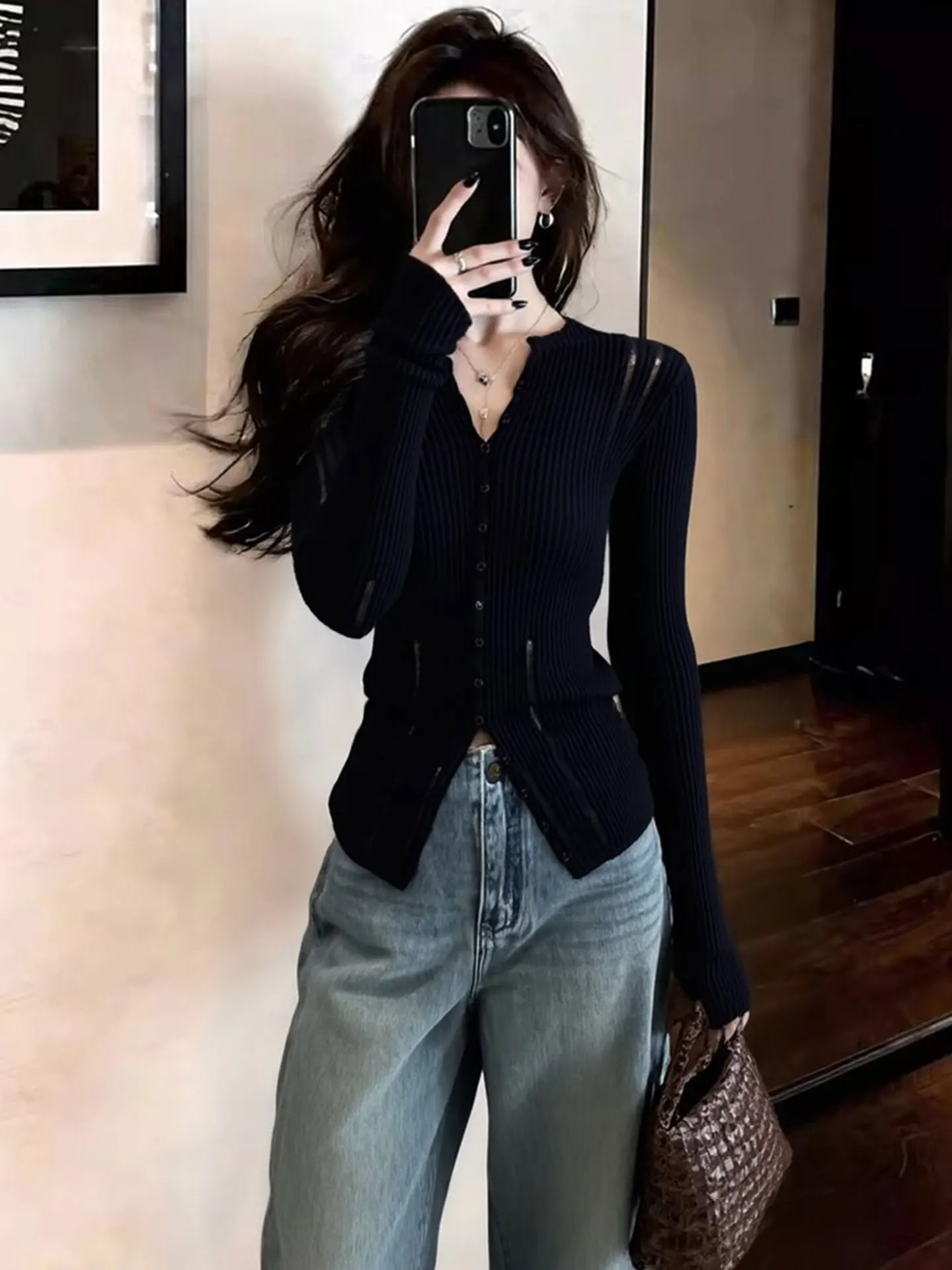 

Pure Color Long Sleeve Knitted Shirt Casual Comfortable Base Layer Single Button Spring Slim Fit Elegant Simple Style Top