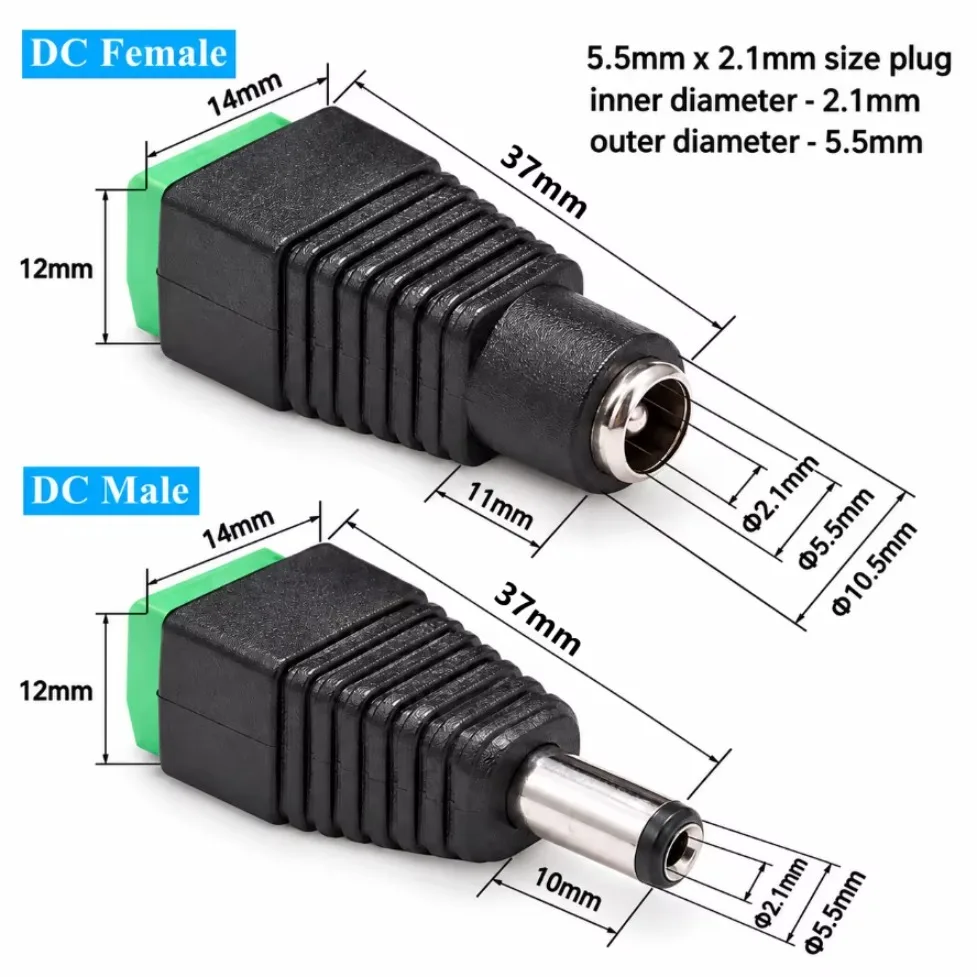 5.5x2.1mm DC Male Female Power Connector 5-38V 10PCS Plug Jack Socket Adapter for Signal Color LED Strip Light CCTV Camera