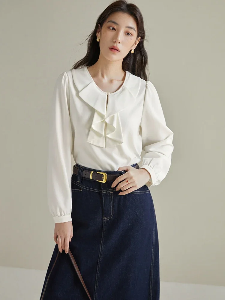 DUSHU Office Lady Gentle Wooden Shirt Winter 2023 New Bubble Sleeved Loose Chiffon Shirt Women Full Sleeve Women Shirts