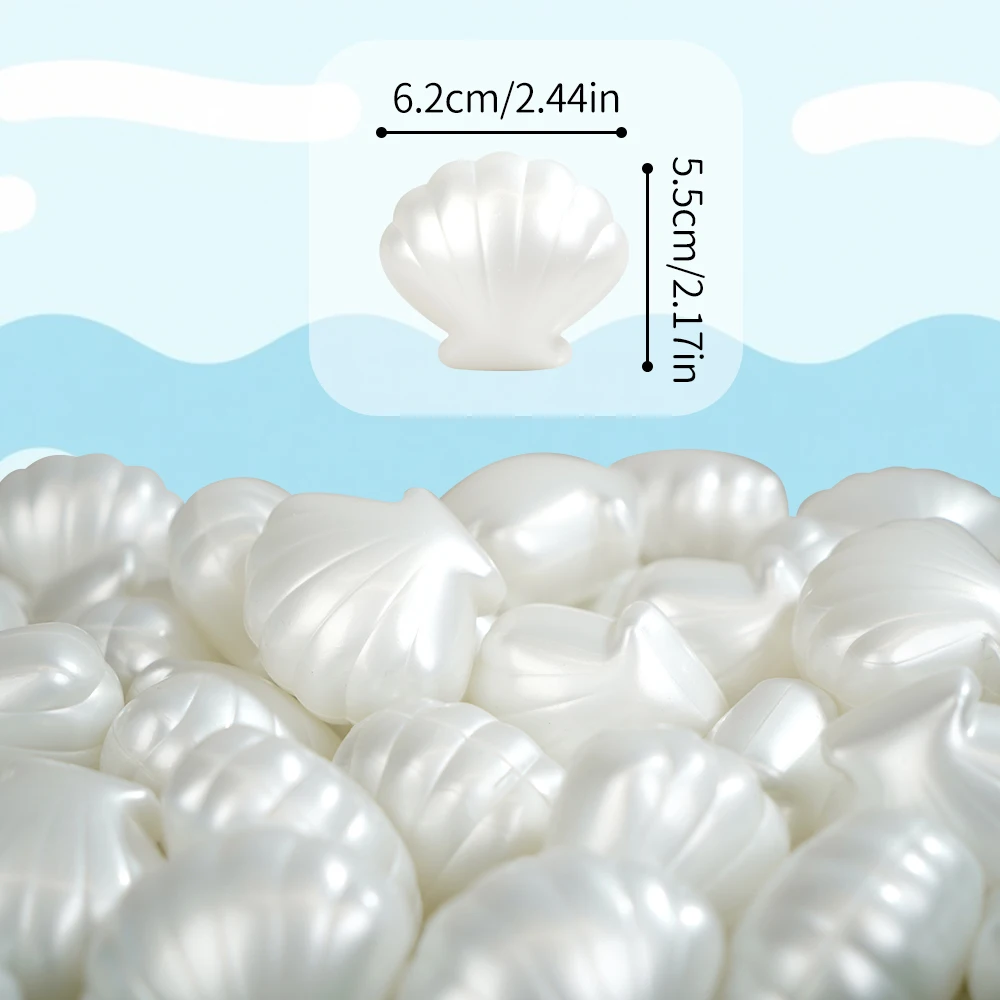 5.5cm 100 pçs/saco com saco de malha pe bola de plástico pit bolas pura pérola branco concha forma interior playground banho verão praia brinquedos