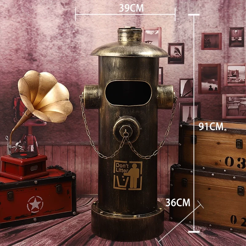 Retro wrought iron industrial wind creative personalized fire hydrant large with cover foot stepping metal trash can living room