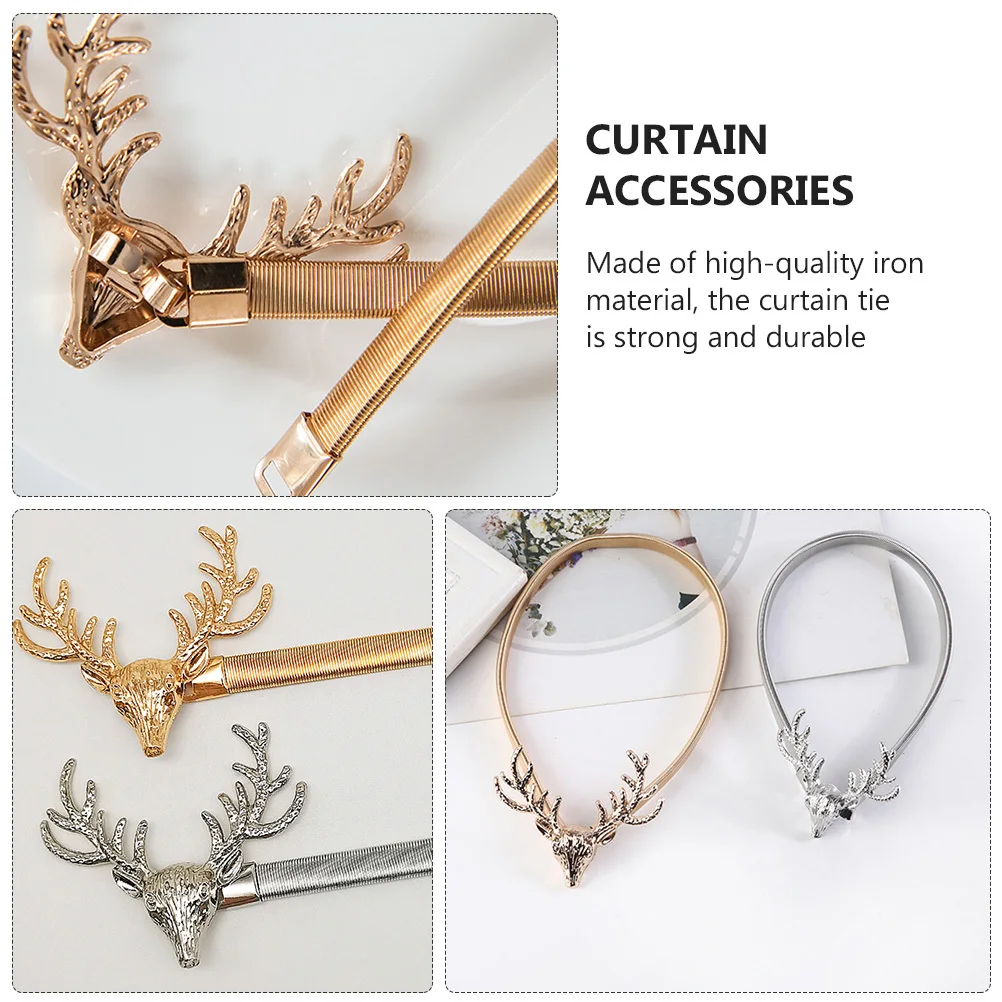 

2 pcs Golden Deer Head Curtain Buckles Iron Elastic Strap No Punch Installation For Living Room Bedroom Kitchen Bathroom Home
