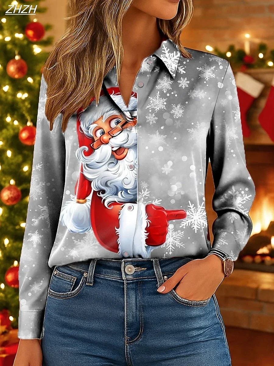 Christmas Women's Shirt Graphic Santa Claus Elegant Vintage Tropical Long Sleeve Shirt Collar Regular Tops Daily Holiday Winter