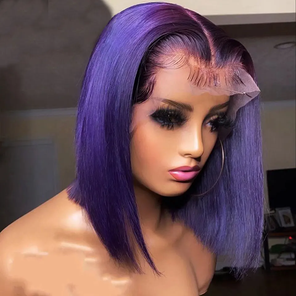 Perucas de cabelo humano frente com renda para mulheres, peruca curta Bob, roxo escuro 180%, peruca frontal de renda 13x4, colorida, reta