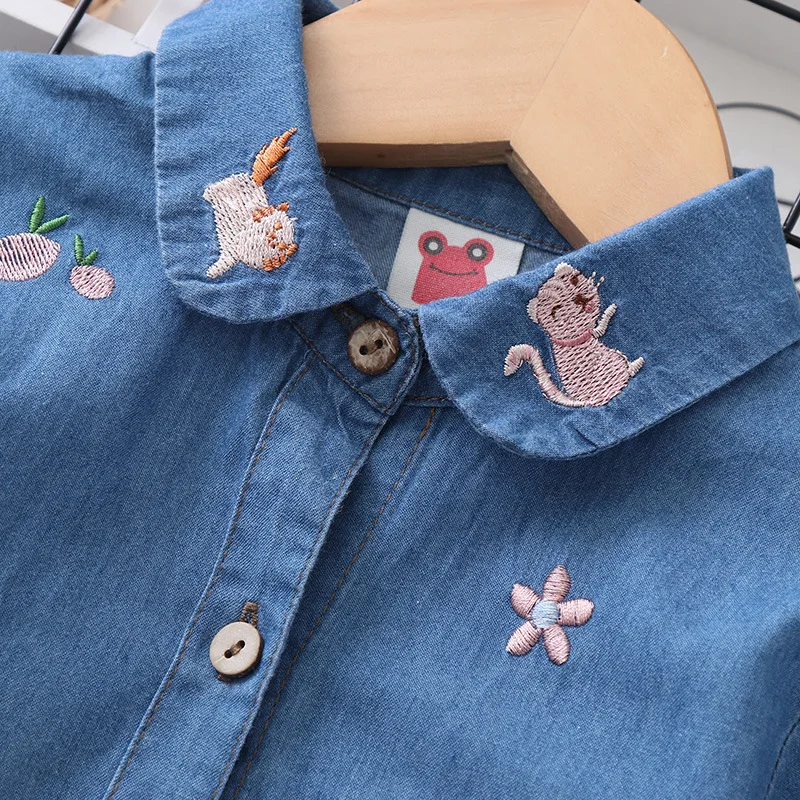 Fashion Baby Girl Boy Cartoon Embroidery Jean Shirt Cotton Child Denim Blouses Solid Color Spring Autumn Baby Clothes 2-14Y