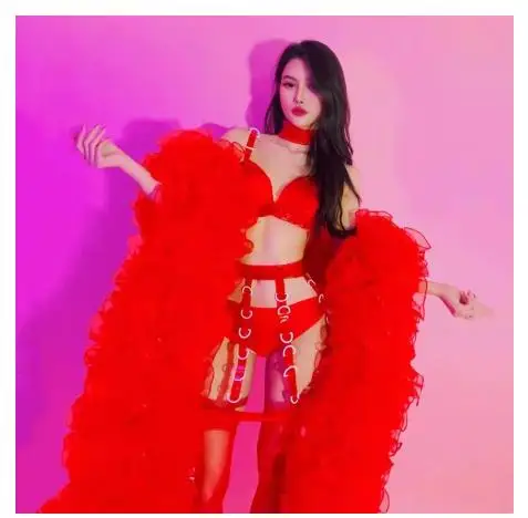 Sexy Red Gauze Long Cloak Sexy Bikini Show Outfit Singer Lead Dancer Gogo Dance Costume Club Party Rave Festival Stage Clothes