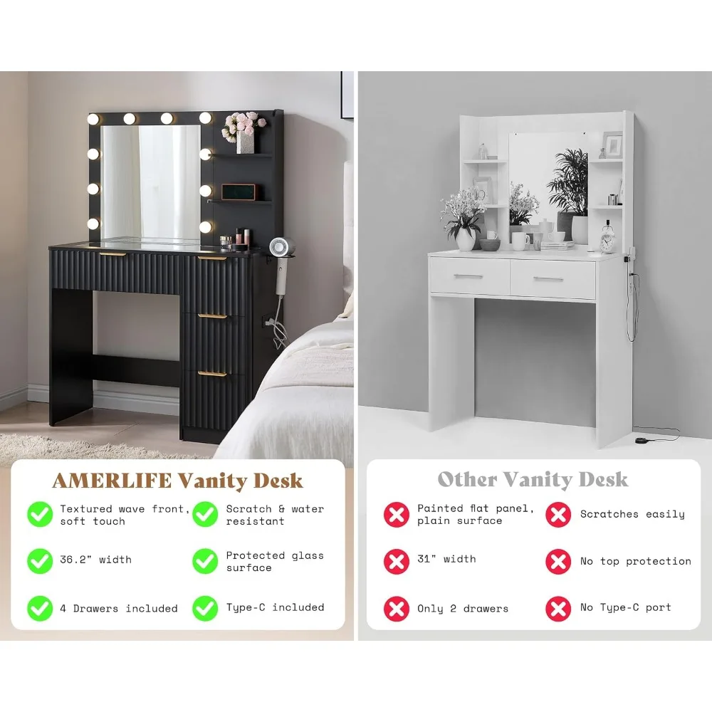 Grande scrivania scanalata a 4 cassetti con piano in vetro, luci a LED e stazione di ricarica per il trucco