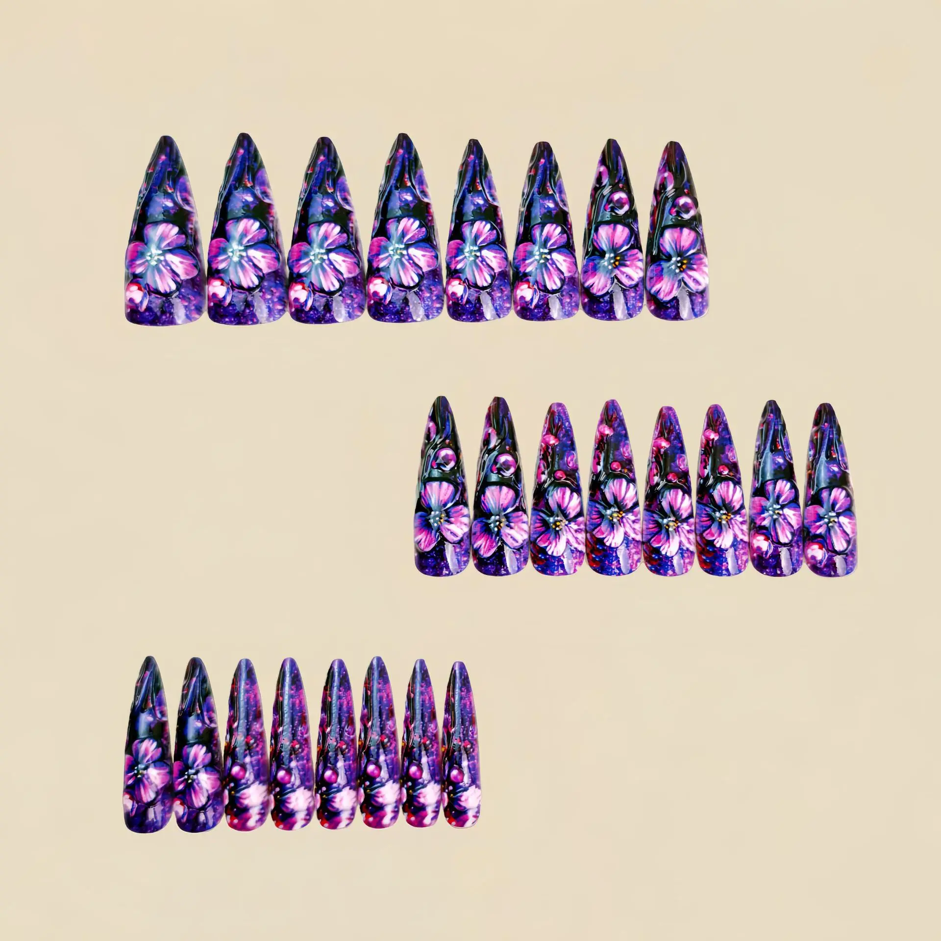 3D fake nails for women gilrs embossed flowers grapes purle colors waterdrop ballet shaped full cover acrylic press on nails