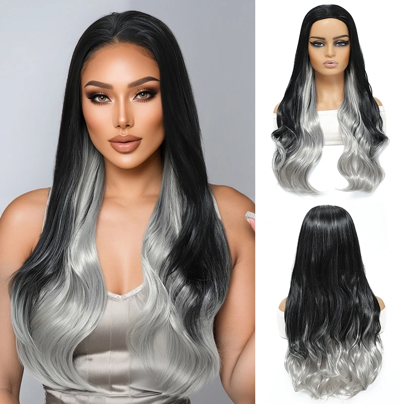 

European and American gradient fashion wig, women's long curly hair, big wavy headband, synthetic fiber wig