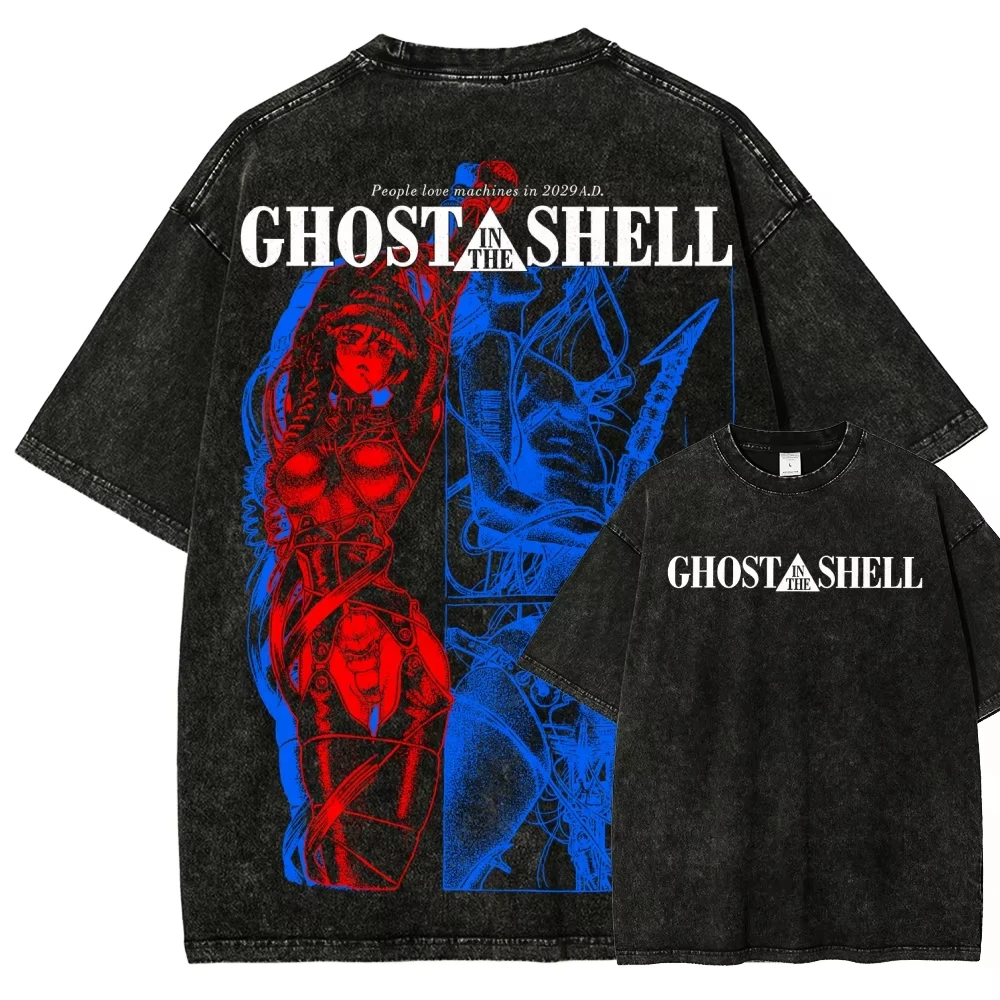 Image of Ghost in The Shell Anime T-Shirt Vintage Washed Y2K Ästhetik Unisex Oversized Kurzarm Sommer Baumwolle Retro Streetwear