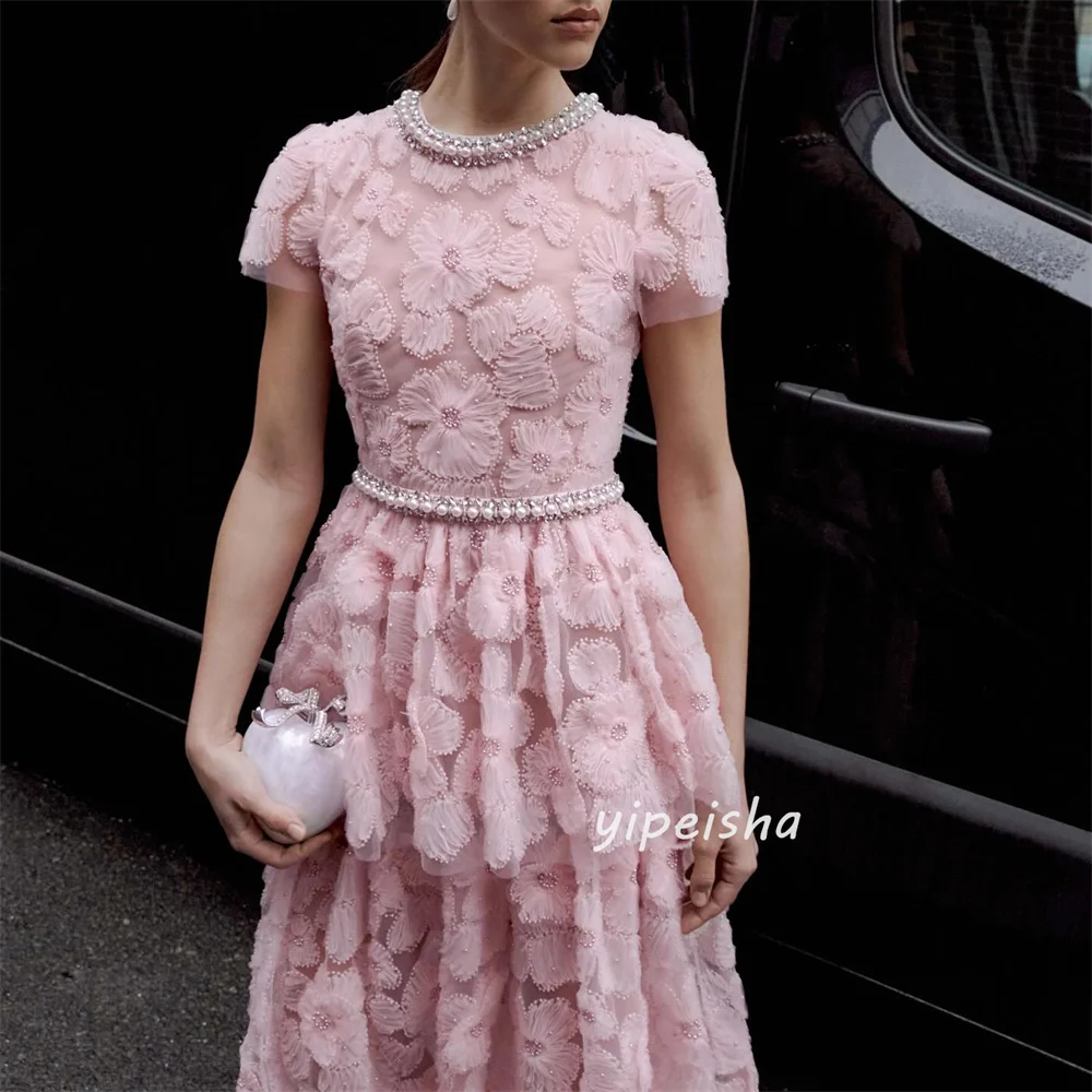 Customized Pink Luxury Intricate Flower Beading Rhinestone Pearl A-line Sash A-line Scoop Neck Long Dresses Evening Dresses Sexy image 3