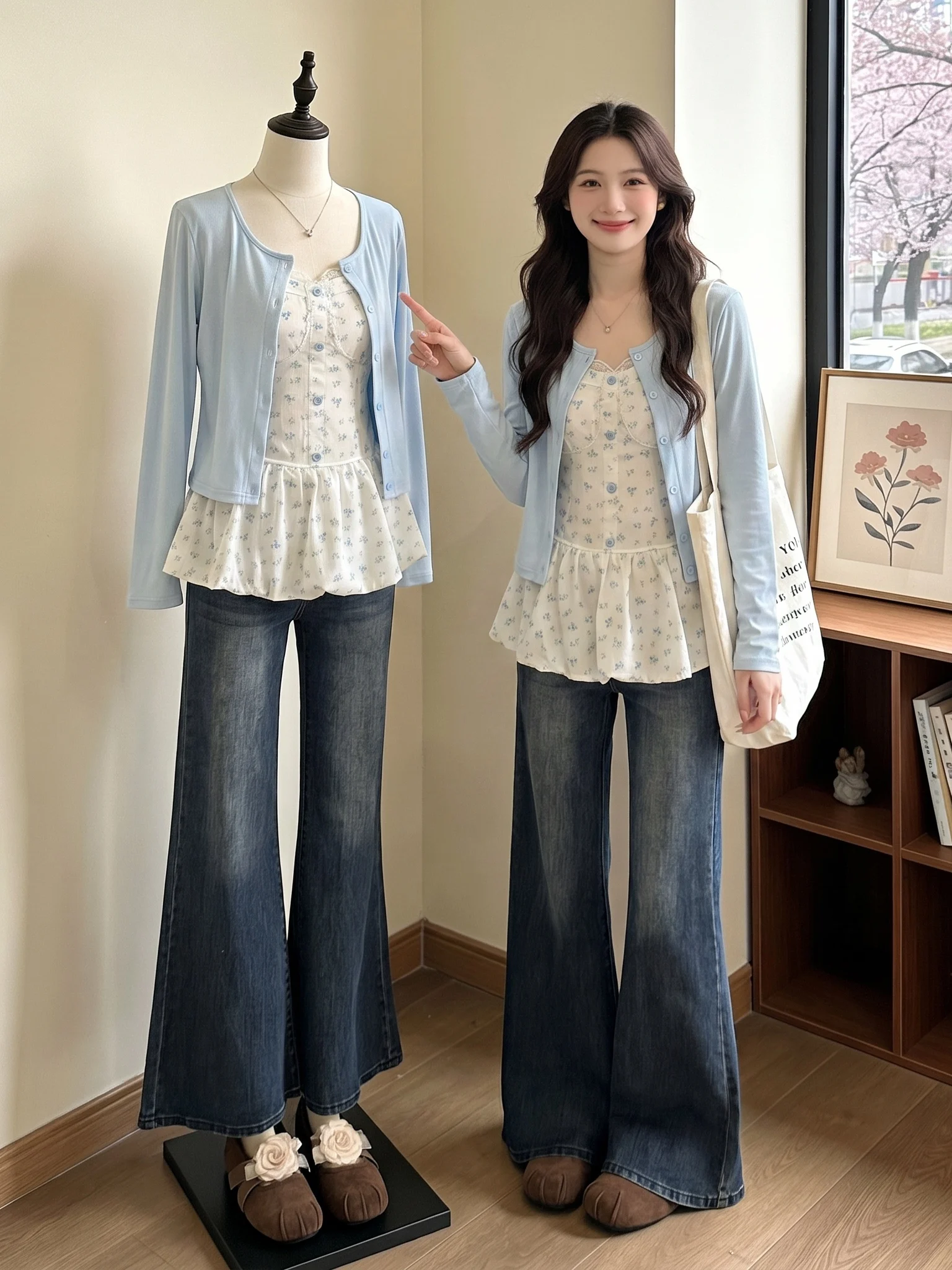 Summer 2026 New plus Size Floral Print Camisole Top Light Blue Sun Protection Outerwear Cardigan Two Piece Set Women's Vest