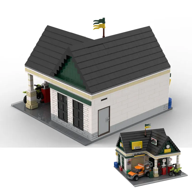 

MOC-110451 1381 шт., сборка мелких частиц, строительные блоки, АЗС, центр обслуживания автомобиля, модель здания, игрушка