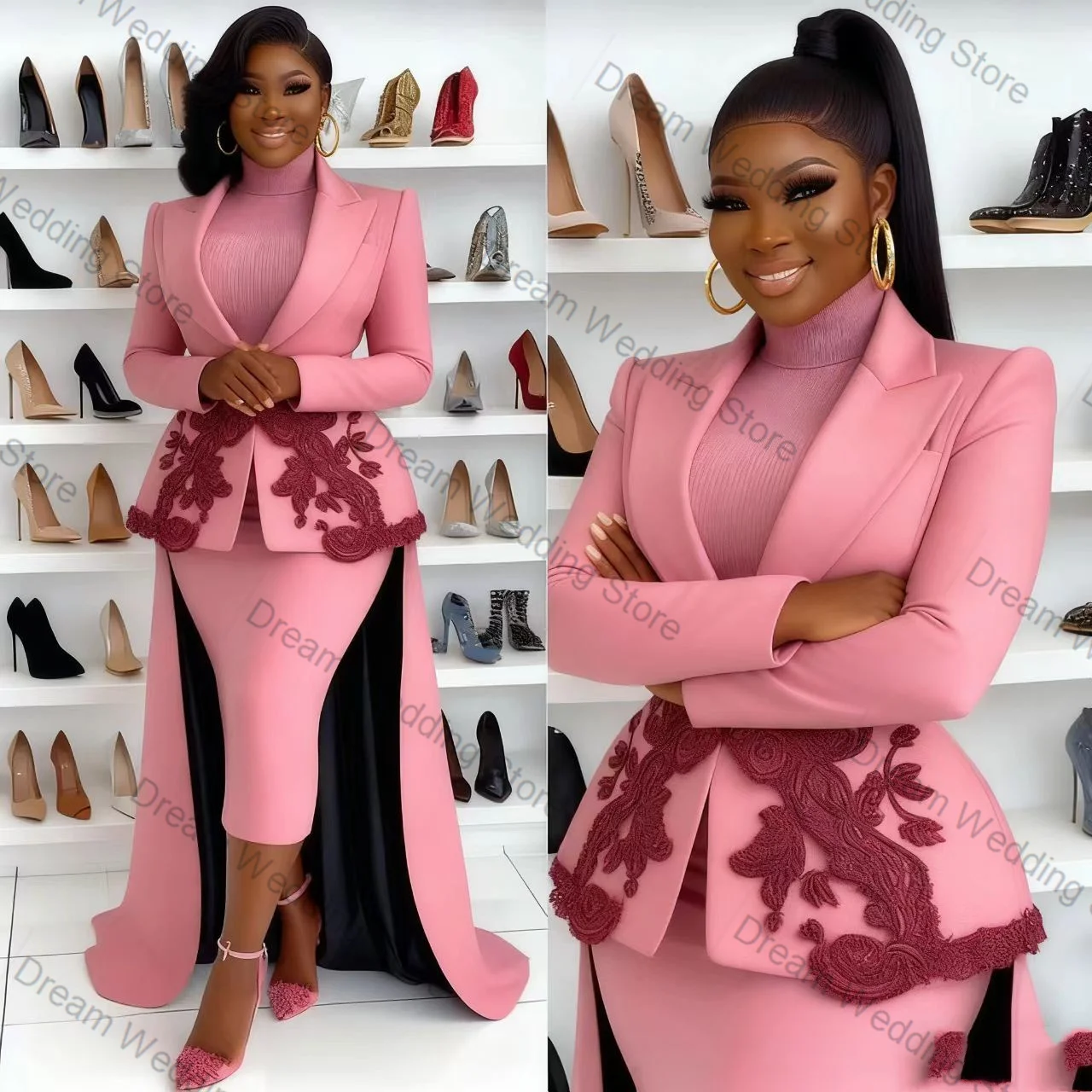 Pink Women Suit Skirt Set 2 Pcs Blazer+Prom Dress With Long Train Appliqued Formal Office Lady Jacket Customized Wedding Coat