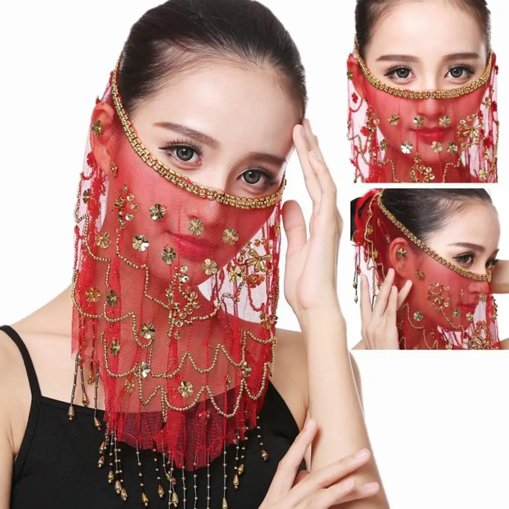 Performance Veils Flower Sequins Beads Decor See-through Lace Belly Dance Tribal Face Veils Adjustable Strap Indian Dance Veils