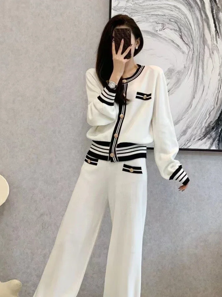 Autumn/Winter Casual Two Piece Sets Single Breasted Stripes Patchwork Knitted Cardigan Sweater and Wide Leg Pants Female Suit