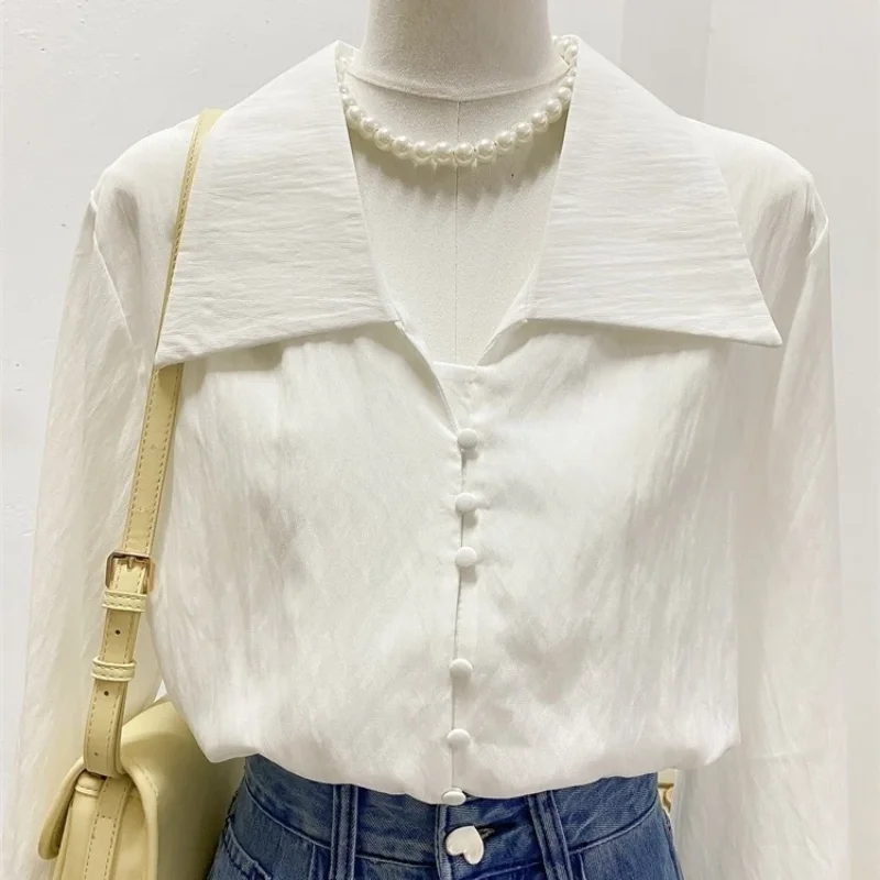 Camisa de lapela de manga comprida nova moda e chique versátil para mulheres