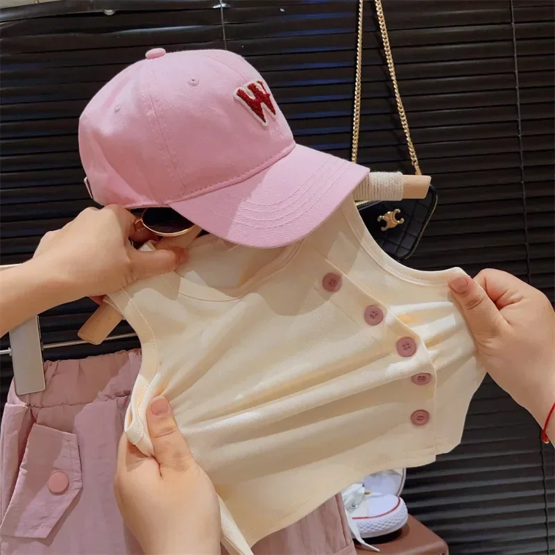 Korea Kids Clothes Baby Girls Cute Pink Two-piece Suit Toddler Kawaii Tank Top + Overalls Y2k Set Casual Sportswear Skirt Sets