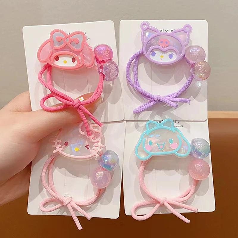 Sanrio-Bandas de goma de dibujos animados Kuromi para niños y niñas, lazo de pelo de alta elasticidad, cuerda para el pelo, melodía, canela, cuerda para la cabeza de perro, tocado