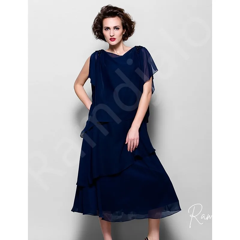 Customized Mother of the Bride Dress in Navy Blue Chiffon Asymmetrical Midi Length with Single One Sleeve Wedding ormal Events