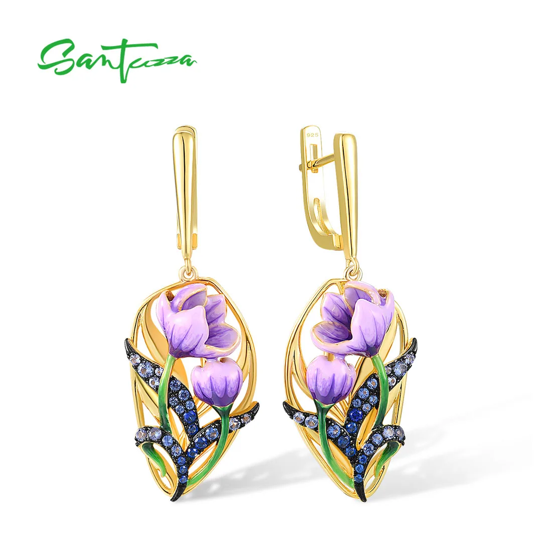 

SANTUZZA Real 925 Sterling Silver Earrings For Women Purple Enamel Flower Blue Spinel Wedding Engagement Trendy Fine Jewelry