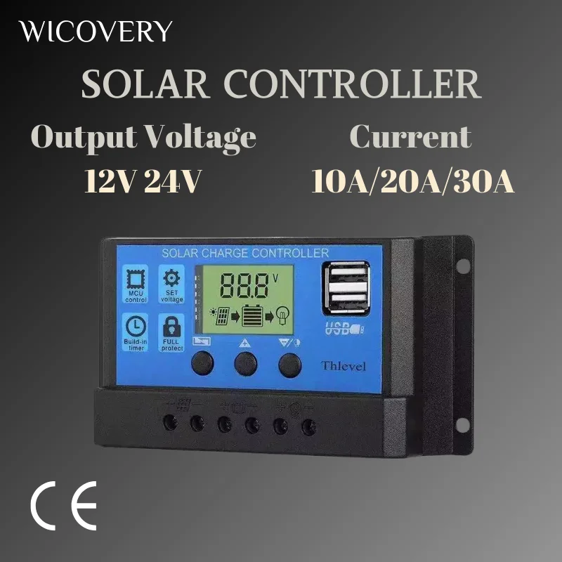 Solar Charge Controller 12V/24V PWM 10A/20A/30A with Adjustable LCD Display Timer Setting