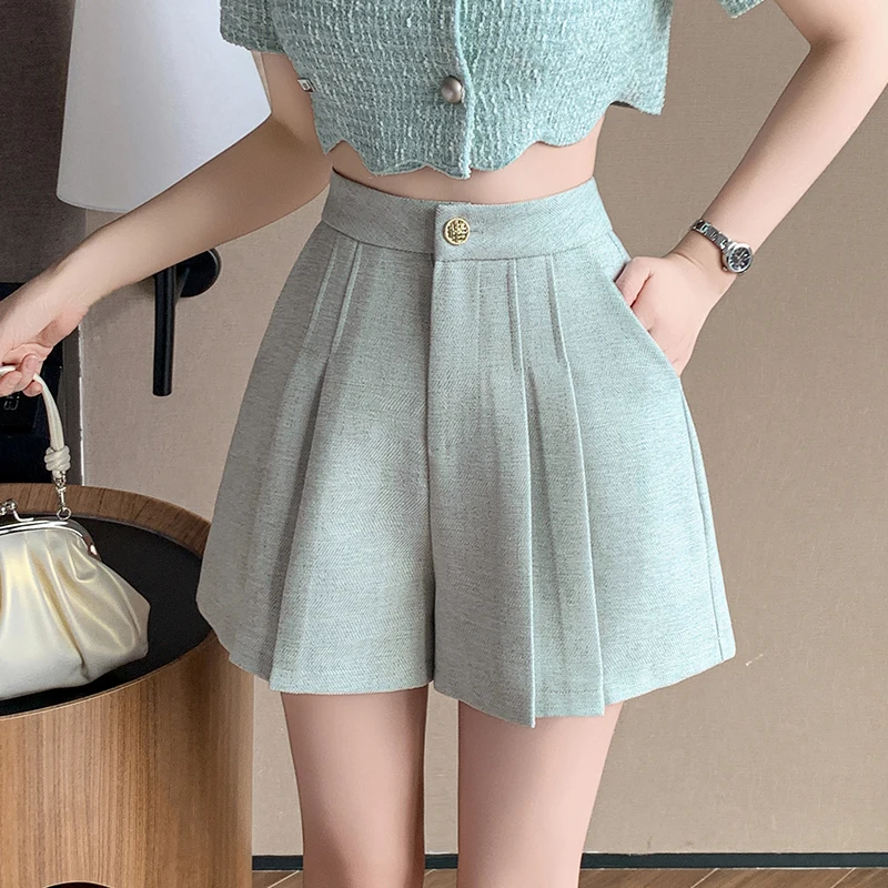 

2025 New Spring Summer Women Shorts Korean Style Fashion High Waist A-line Pleated Shorts Skirts Ladies Casual Wide-leg Shorts