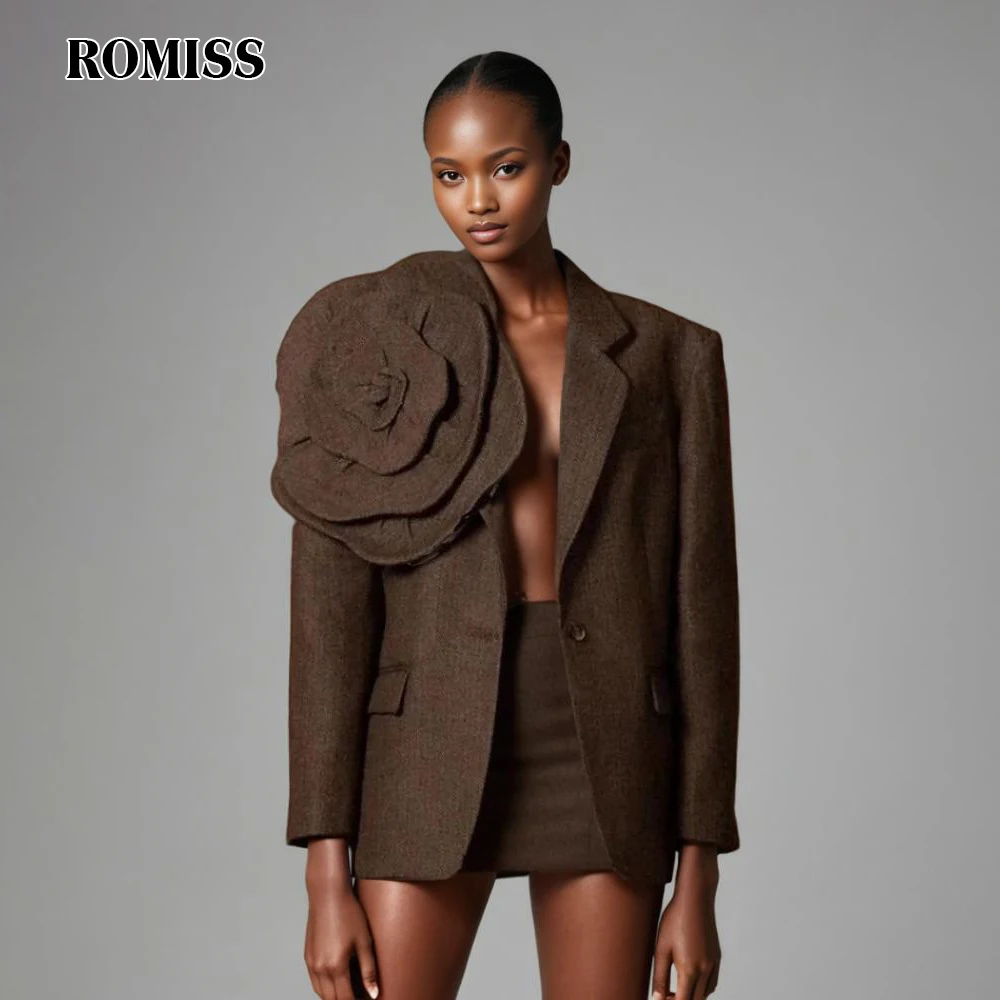 

ROMISS Elegant Spliced Appliques Two Piece Set For Women Lapel Long Sleeve Blazer High Waist Mini Dress Chic Sets Female