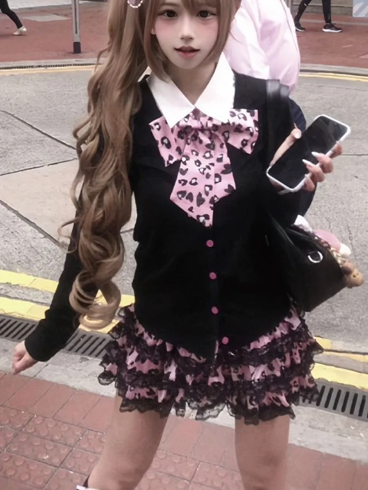 

Новый Y2k Эстетический японский сладкий винтажный комплект из 2 предметов, женские шикарные топы с длинными рукавами + леопардовая юбка, ретро наряд в стиле Харадзюку