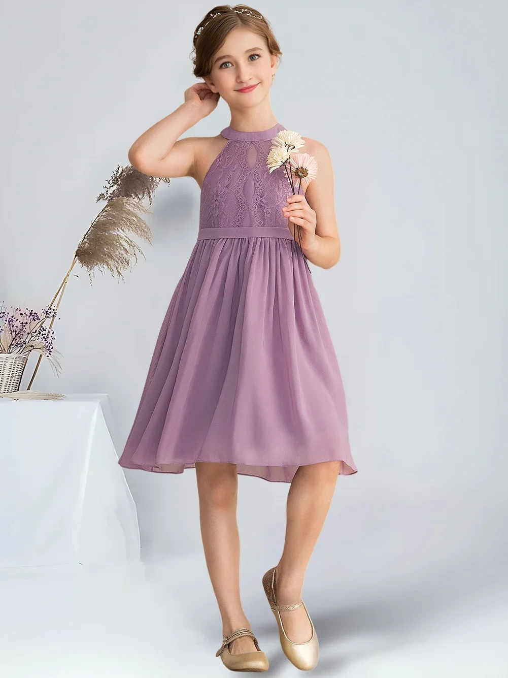 فستان وصيفة العروس الصغير على شكل حرف a للأطفال فستان فتاة الزهور من الشيفون والدانتيل لحفلات الزفاف وحفلات الفتيات #3