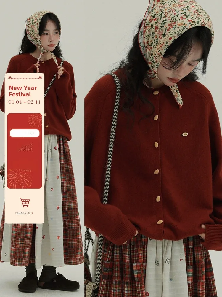 

Редкий вязаный кардиган с круглым вырезом и деревянными пуговицами в горошек для женщин: повседневный, удобный, простой, осенне-зимний