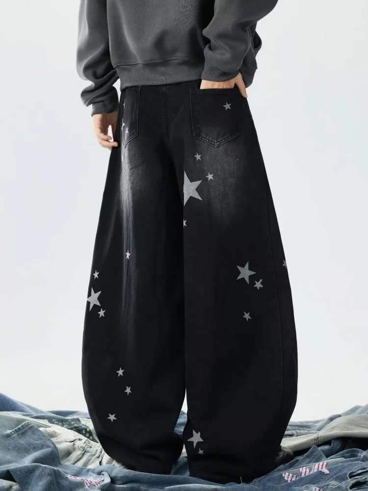 2025 Cyber Y2K Streetwear Star Printed Washed Black Baggy Jeans Pants For Men Clothing Hip Hop Gothic Denim Trousers Moda Hombre