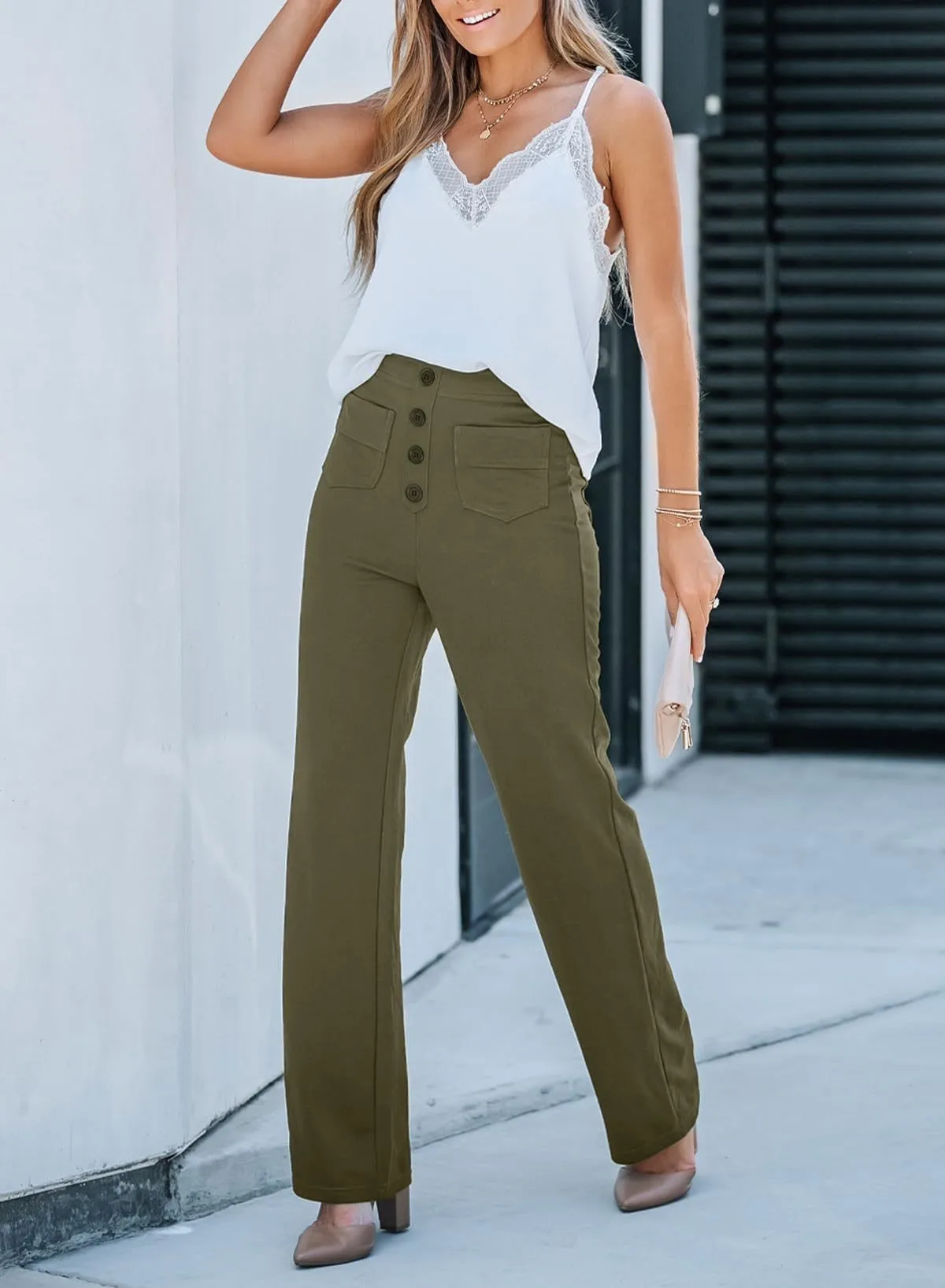 Spring Autumn Women Multiple Button Pocket Straight Leg Pants High Elastic Waist Trendy Street Ladies Solid Casual Trousers