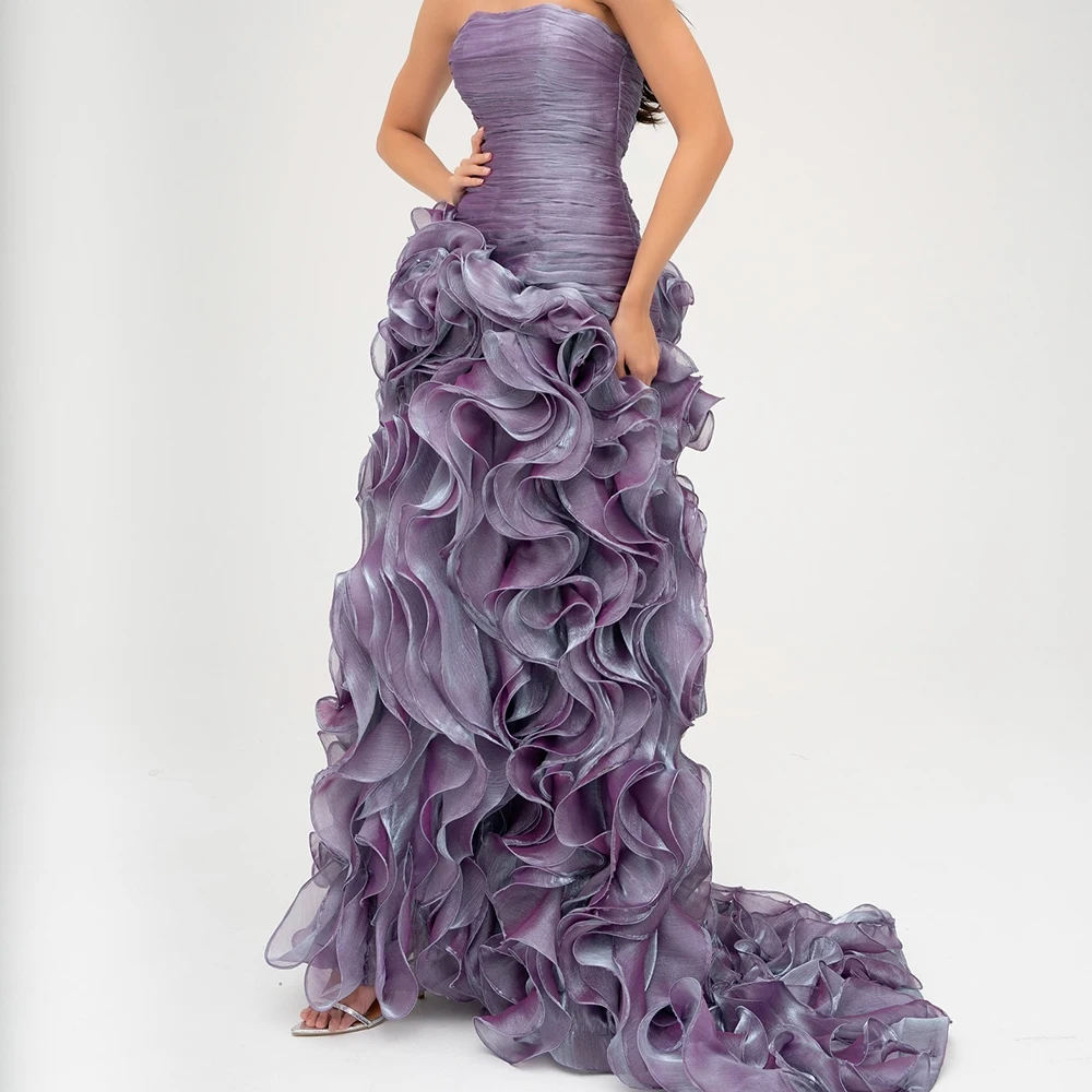 Exquisite Pleats Tiered Ruffles Mermaid Evening Dresses Graceful Strapless Organza Sleeveless Purple Party Gowns فساتين سهرة