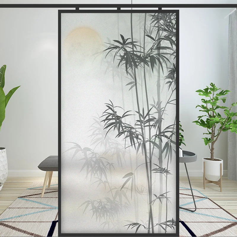 Window Privacy Film UV Blocking Heat Control Glass Static Cling Bamboo Painting Decorative Semitransparent Glass Sticker