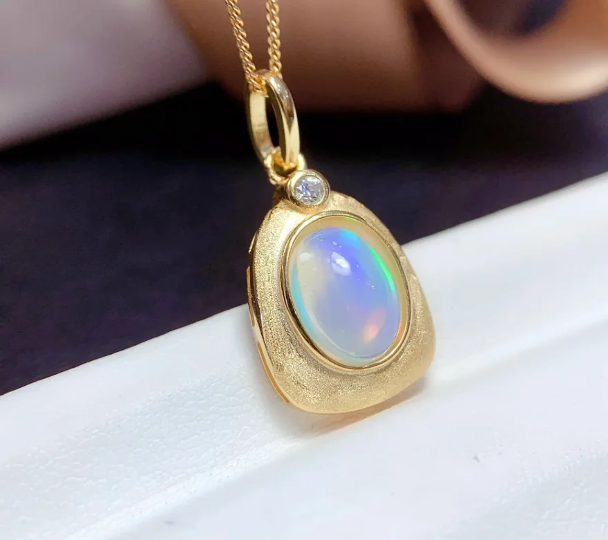 Women Pendant  Golden Color Necklace Natural Opal Necklace Real 925 Silver Jewelry Good Gift