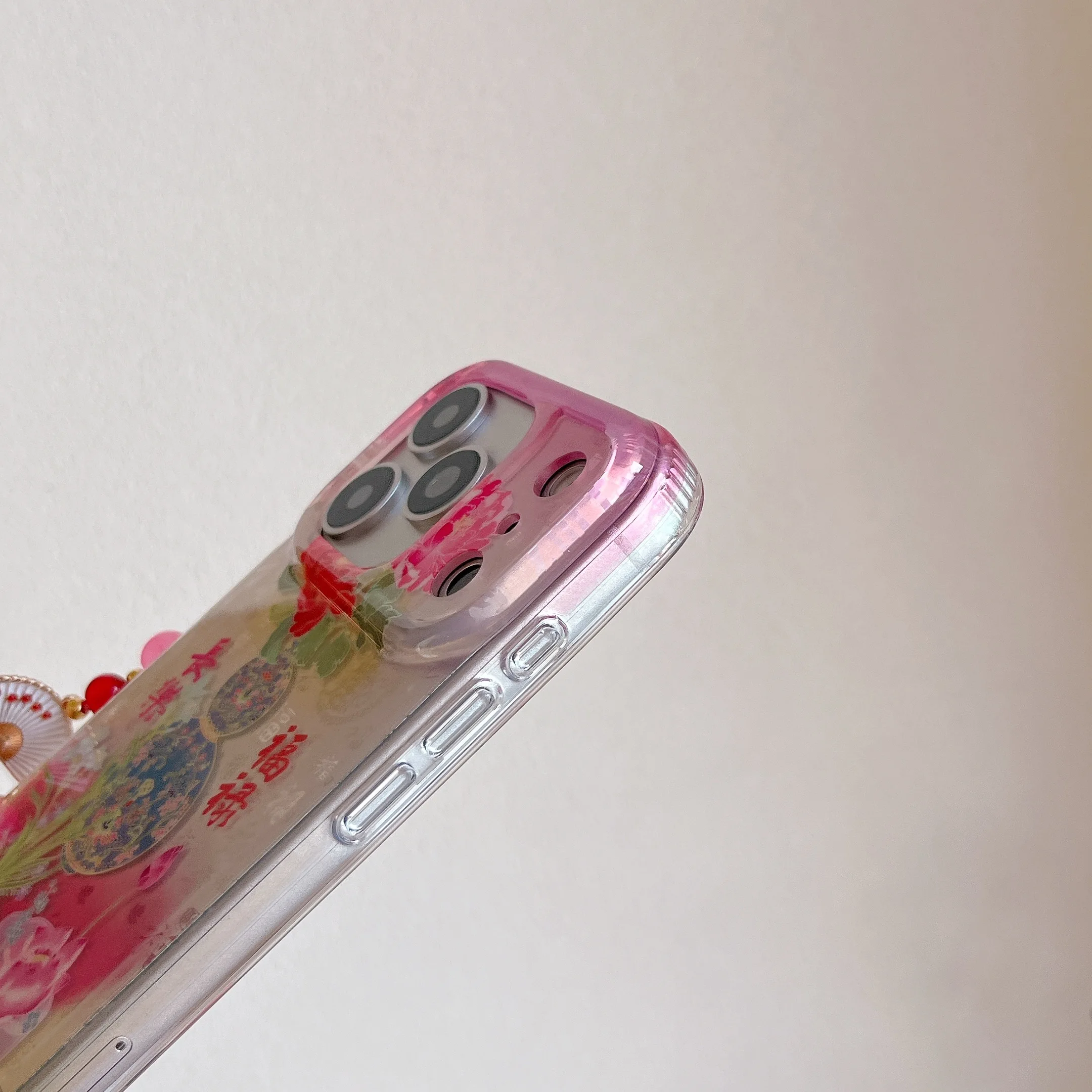 Traditionelle Chinesische Farbverlauf-Pfingstrosen-Laterne Rosa Fächer-Quasten Handyhülle für iPhone 18 17 16 15 14 11 12 13 Pro Max Plus Rückseiten-Cover – Detail 5