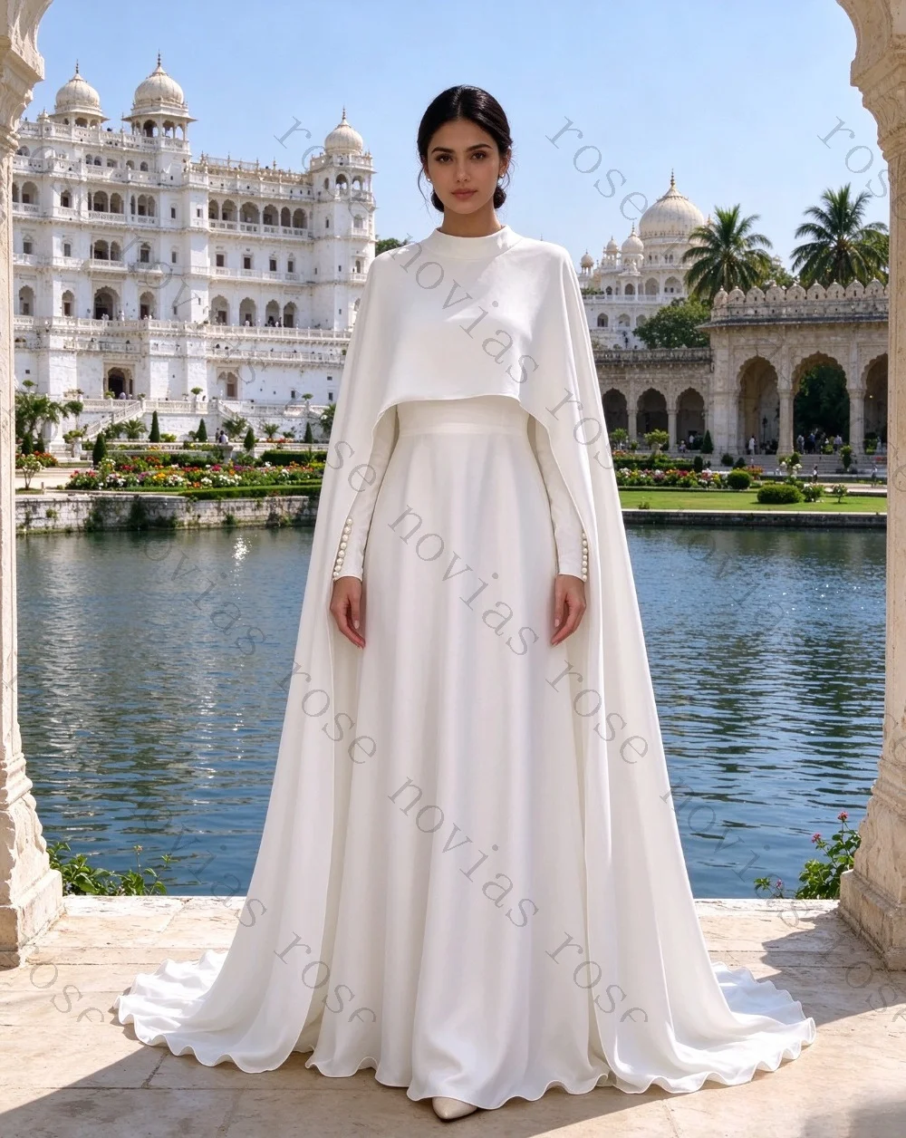 Customized Satin Angled Pleated A-line Wedding Dresses 2026 New Dignified High Neck Cape Mermaid Bride Gown Suitable for Church