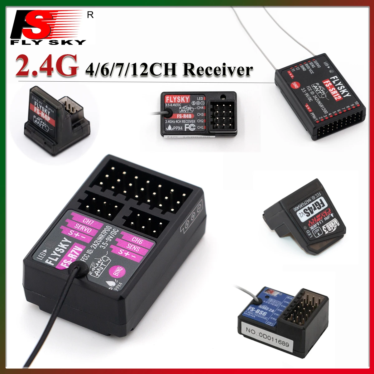 FLYSKY 2.4G 4/6/7/12CH Receiver FS-SR12 FS-R4P FS-R4B FS-R7V FS-BS6 for RC Plane Car Boat Robot Parts FS-G7P FS-G4P Transmitter