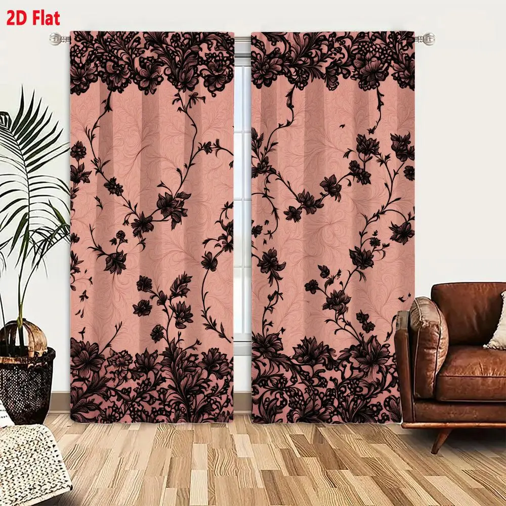 2Pcs Curtains 2D Flat Decorative Symmetrical Black Floral Vine Pattern On Soft Pink Background With Embossed Texture For Textile