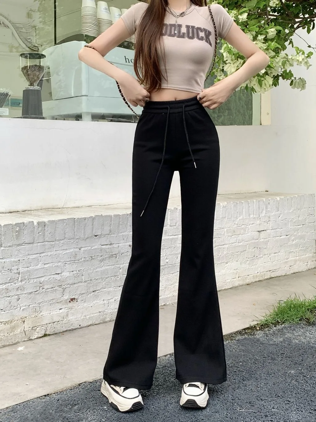 2024 Autumn/Winter New High-Waisted Black Grey Fleece-Lined Casual Sporty Versatile Loose-Fit American STYLE Women's Trousers