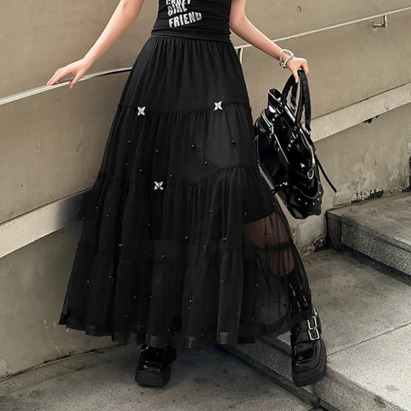 ANJY Spring Summer New Women Trendy Design Dark Embroidered Flares Patchwork Mesh Tiered Skirt Elegant A-line Long Skirts A21823