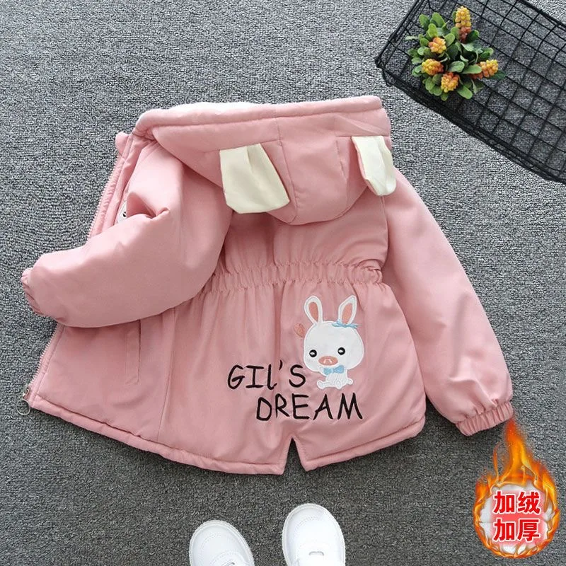 2024 Autumn Winter Warm Girls Coat Cute Rabbit Embroided Jacket For Girls Thick Windbreaker Outerwear Birthday Gift Kids Clothes