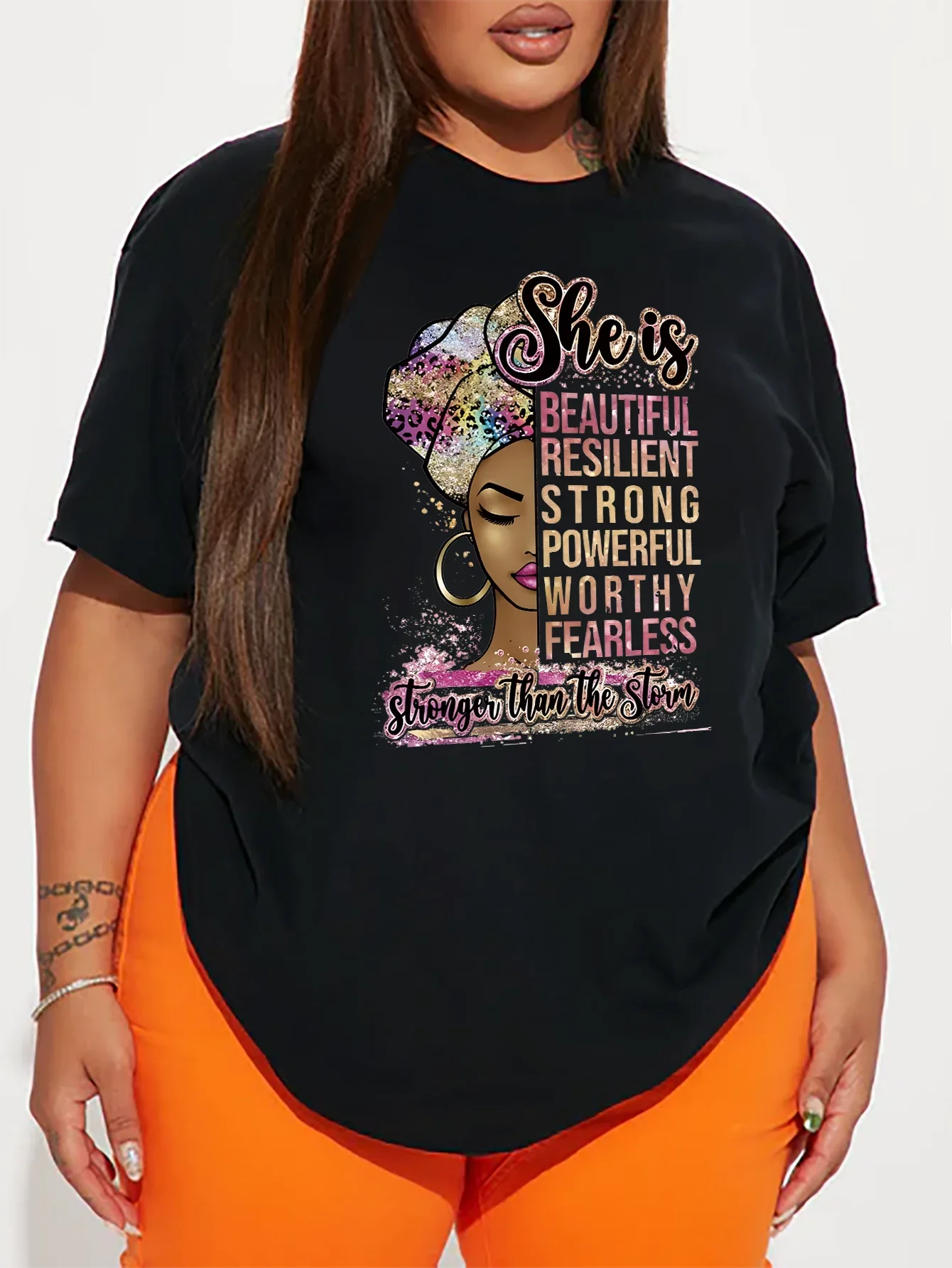 Summer Women\'s Casual Short-sleeved 7-color Round Neck T-shirt Printed Graphics Headshot Letters SHEIS Plus Size Women\'s T-shirt