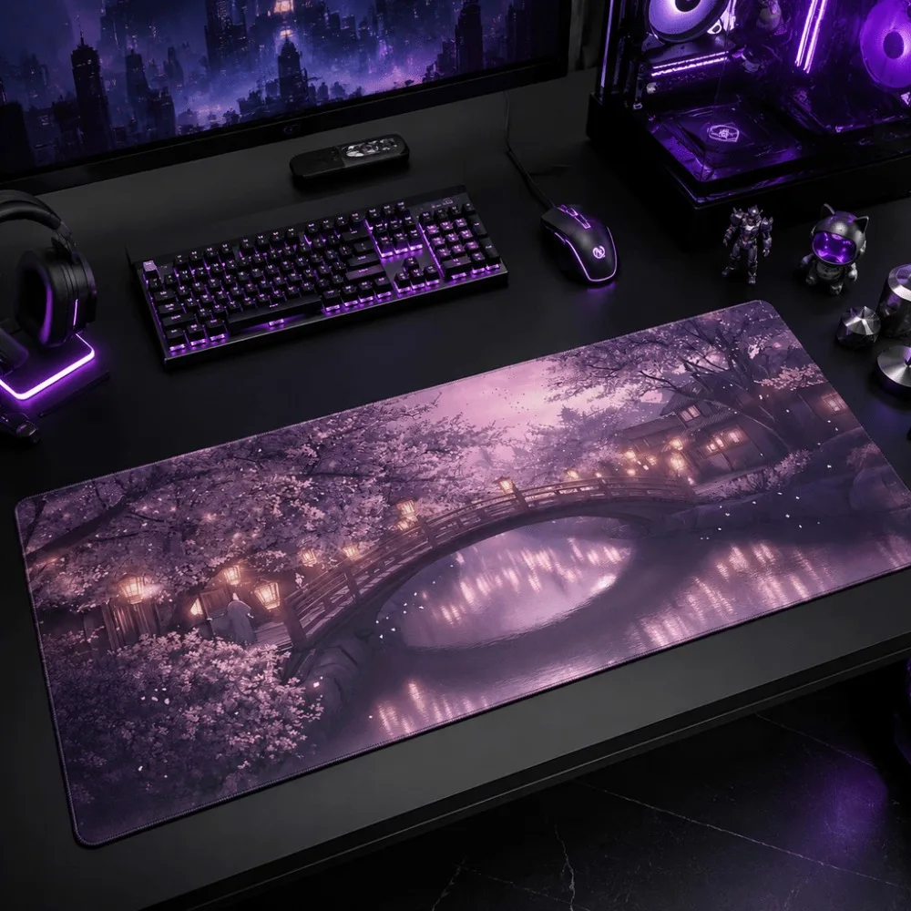 Game mouse pad with Japanese cherry bridge night scene print, suitable for gamers and desk users. Large table pad is anti-slip