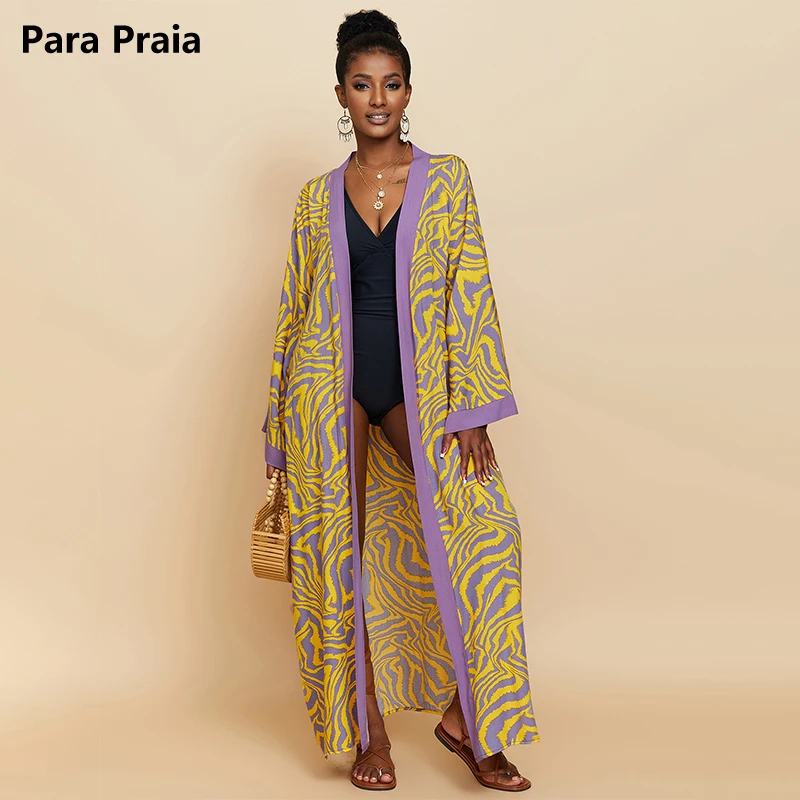 Para Praia Kimono Beach Robe 9 Colors Bikini Cover Ups Beachwear Femme Long Dress Sarong Women Loose Cardigan Swimsuit Covers