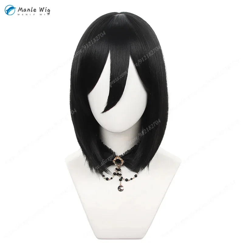 짧은 검은 가발 Mikasa Ackerman 애니메이션 코스프레 내열성 합성 머리 + 무료 가발 모자