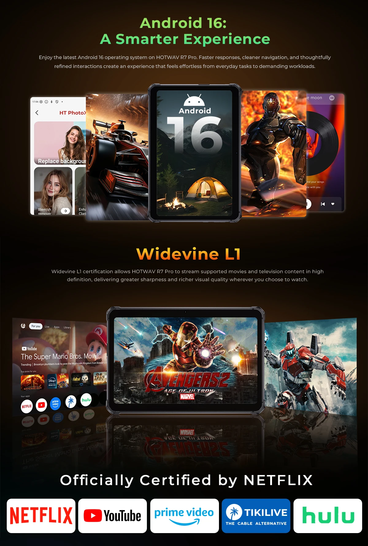 HOTWAV R7 Pro 10.1'' HD 120Hz Display 1080P Rugged Tablet 15600mAh Massive Battery 20W Fast Charging Android 16 Super Camping Light Pad 8GB RAM 256GB ROM 20MP + 5MP Camera Self-Developed AI Toolset Octa-core Tablet PC With Flexible Aluminum Stand